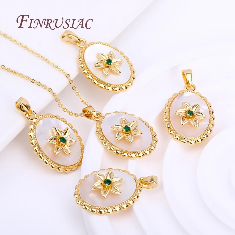 18K Real Gold Plated Oval Natural Shell with Flower Design Pendant For Necklace Making,Wholesale Pendants Charms DIY Jewelry