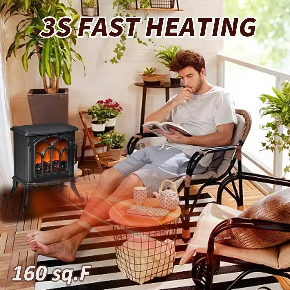 3D Flame Electric Fireplace Heater Infrared Heater 1500W/750W 2 Modes Timer Shut Down Tip-over Protection Black 215 Sq Ft