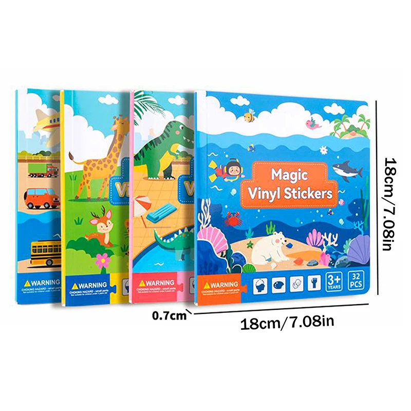 Wielorazowe naklejki z motywami, urocze naklejki DIY, magiczne naklejki do układania, książeczki z naklejkami, zabawki edukacyjne z motywami zwierząt z kreskówek, zabawki wspomagające naukę i rozwój poznawczy dla dzieci, prezent.