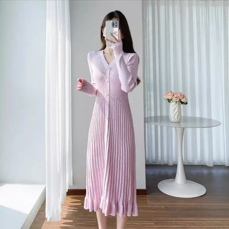 Vestido de malha rosa manga comprida feminino, suéter com cintura, camada base, comprimento médio, Joelhos, outono, inverno, nova moda, 2024