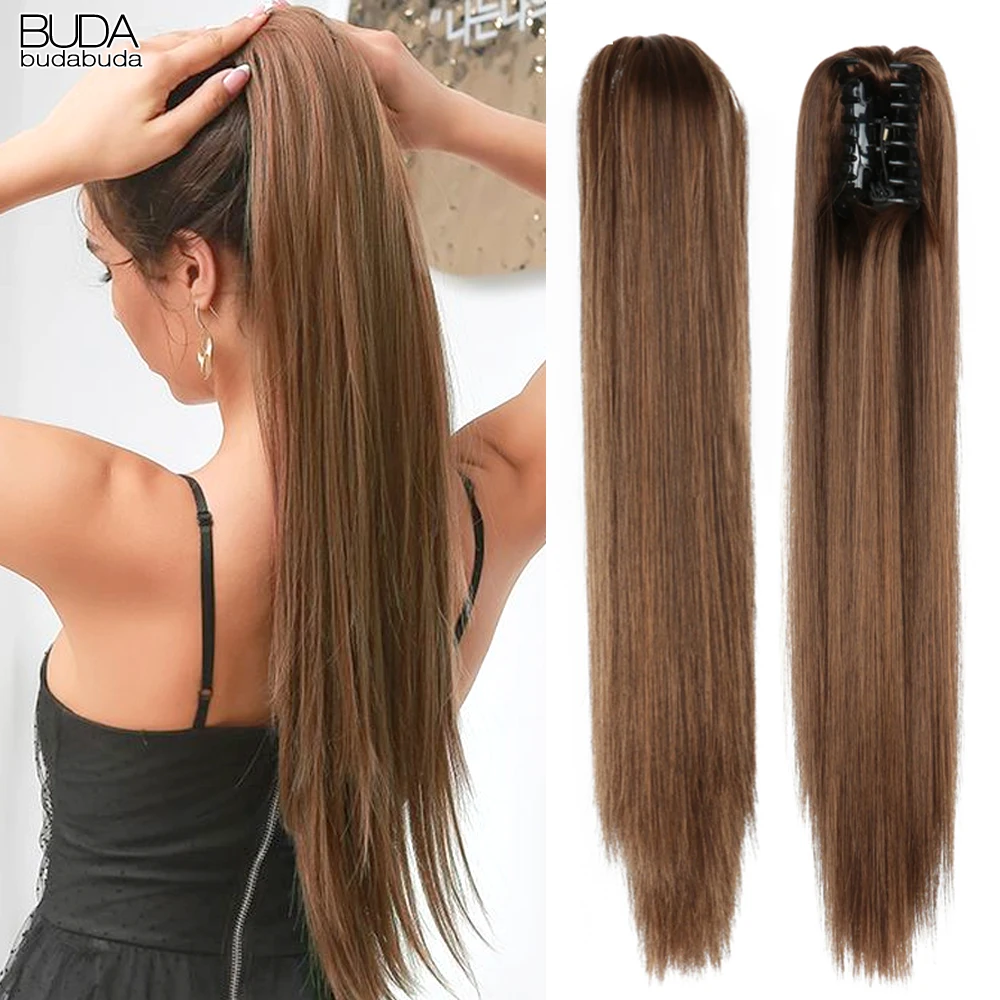 Extensão sintética do cabelo do rabo de cavalo para mulheres, grampo reto longo da garra, onda resistente ao calor, natural, peruca loura, 22\