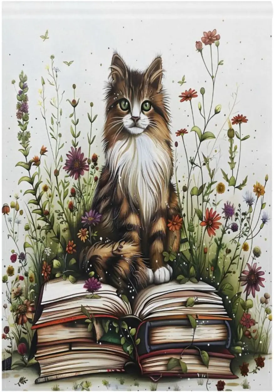 SUABO Cat Books Flowers Garden Flag 28x40inch Double Sided Outside, Rustic Yard Outdoor Decorative Flag, Seasonal Yard Outdo IIC