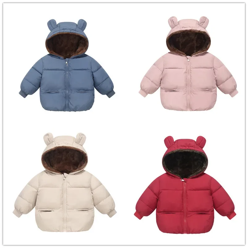 Baby Autumn Winter Kids Cotton Clothes Pocket Jacket Solid Color Ear Down Jacket Toddler Coat Long Sleeve Baby Cotton Clothes