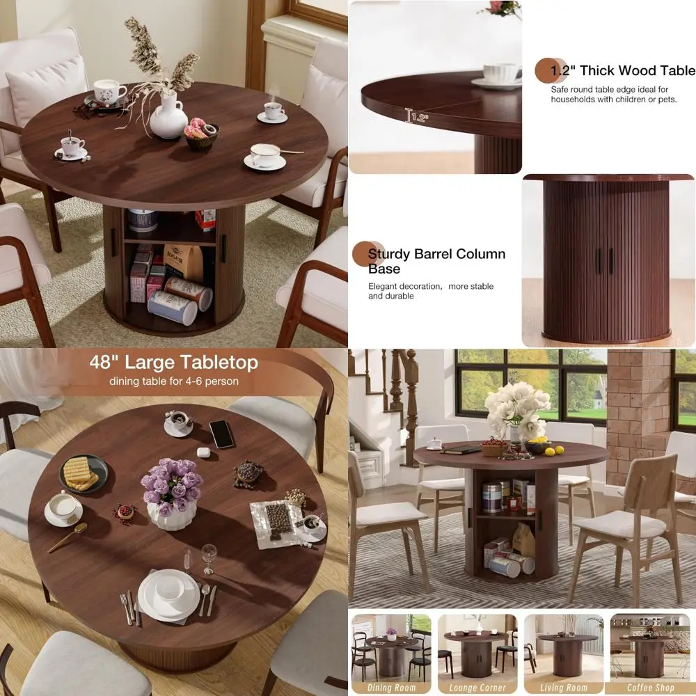 طاولة طعام مستديرة مقاس 48 بوصة تتسع لـ 4 أشخاص مع مساحة تخزين وأرفف من طبقتين وأبواب منزلقة خشبية #1