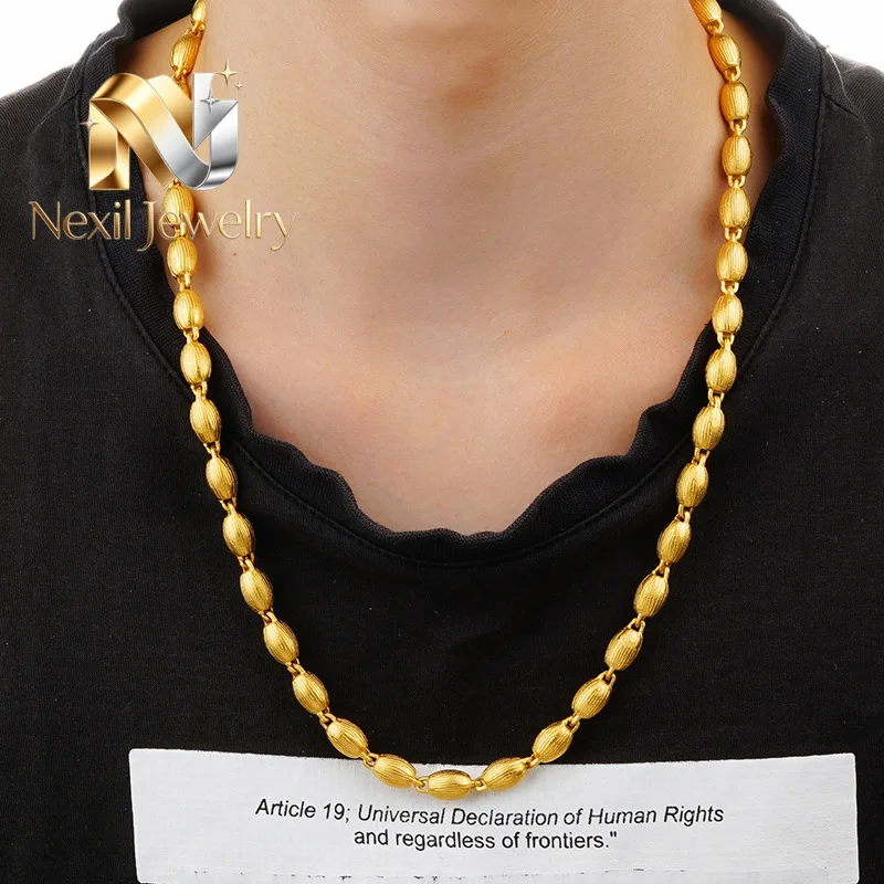 Nexil Jewelry   Nexil Jewelry  Men 24K Gold AU999 Solid Olive Bead Necklace - Pure gold, olive symbolizes safety, heavy texture,