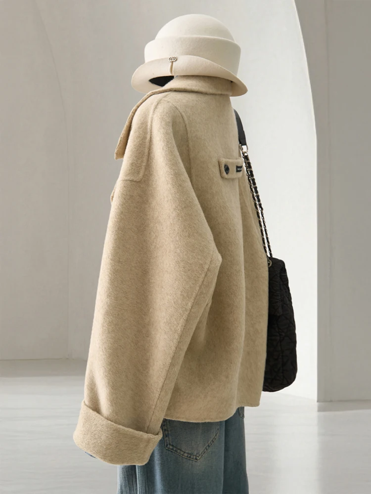 Women's Loose Fit Double Face Wool Coat Beige Oversized Lapel Button Winter Warm Outerwear for Casual Elegant Look