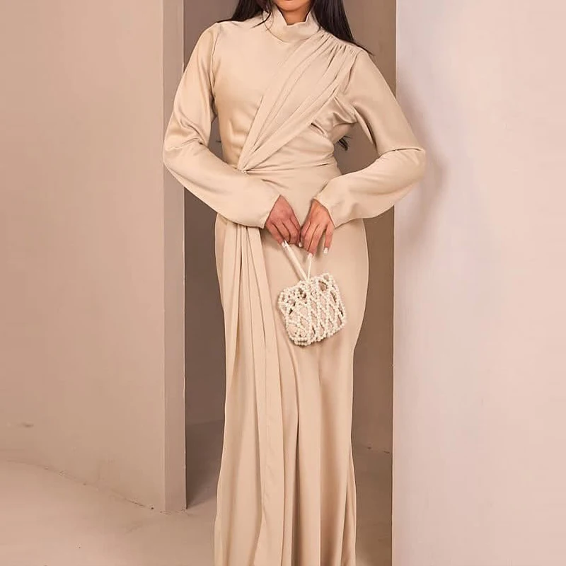 

2025 Elegant Solid Long Sleeved Dress Ladies Temperament O Neck High Waist Party Dress Fashion Patchwork Pleated Slim Robe Dress