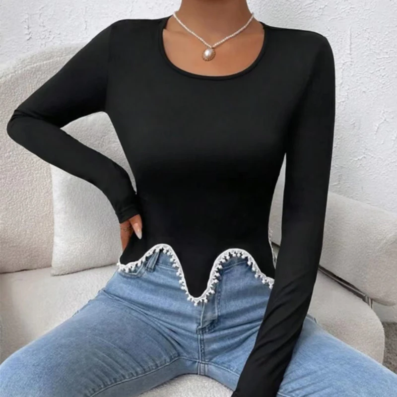 

OMSJ Fashion Contrast Women's Casual Long-sleeved Skinny Wave Shaped Irregular Hem T-shirt For Daily Streetwear Tops 2024 Spring