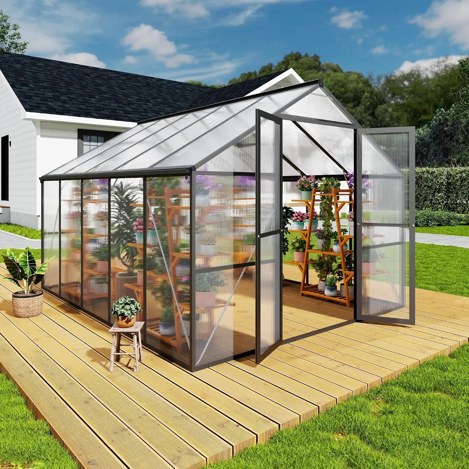 8 x 10 FT Heavy-Duty Outdoor Polycarbonate Greenhouse, Walk-in Greenhouse with Aluminum Frame, Lockable Door & Adjustable Roof