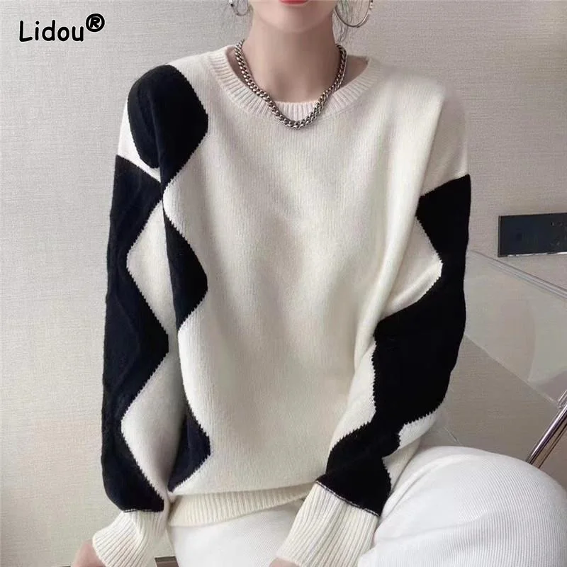 

Autumn Winter Thick O-Neck Spliced Comfortable Pullovers 2022 Popularity Vintage Women's Clothing Loose-fitting Simple Sweaters