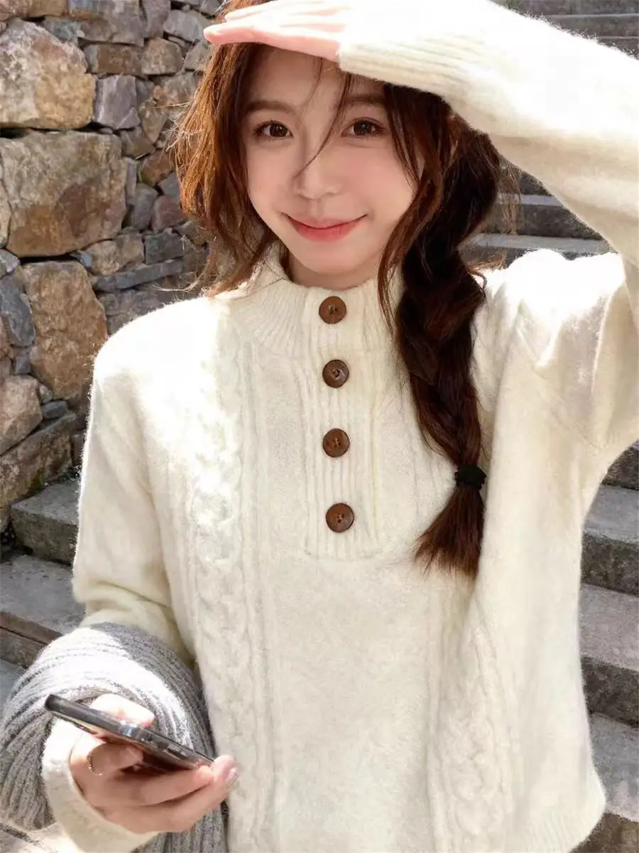 

Loose Knitted Sweater Women's Autumn Winter New Style Wheat Color Stand Collar Twist Knitwear Comfortable Versatile Fashionab...