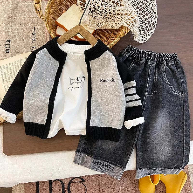 

Boys Clothes Sets Spring Autumn Children Knitted Coats T-shirts Denim Pants 3pcs Casual Suit For Baby Tracksuits Kids Outfits 5Y