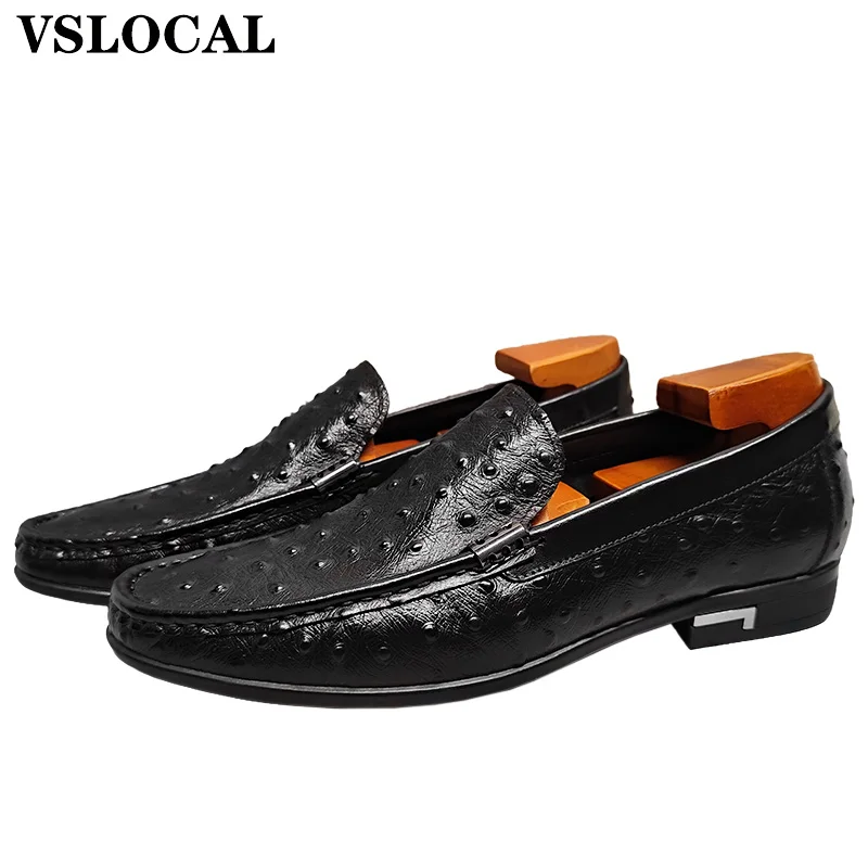 

Italian Genuine Leather Men Shoes Black Brown Ostrich Prints Slip on Casual Mens Dress Shoes Wedding Office Loafers Men