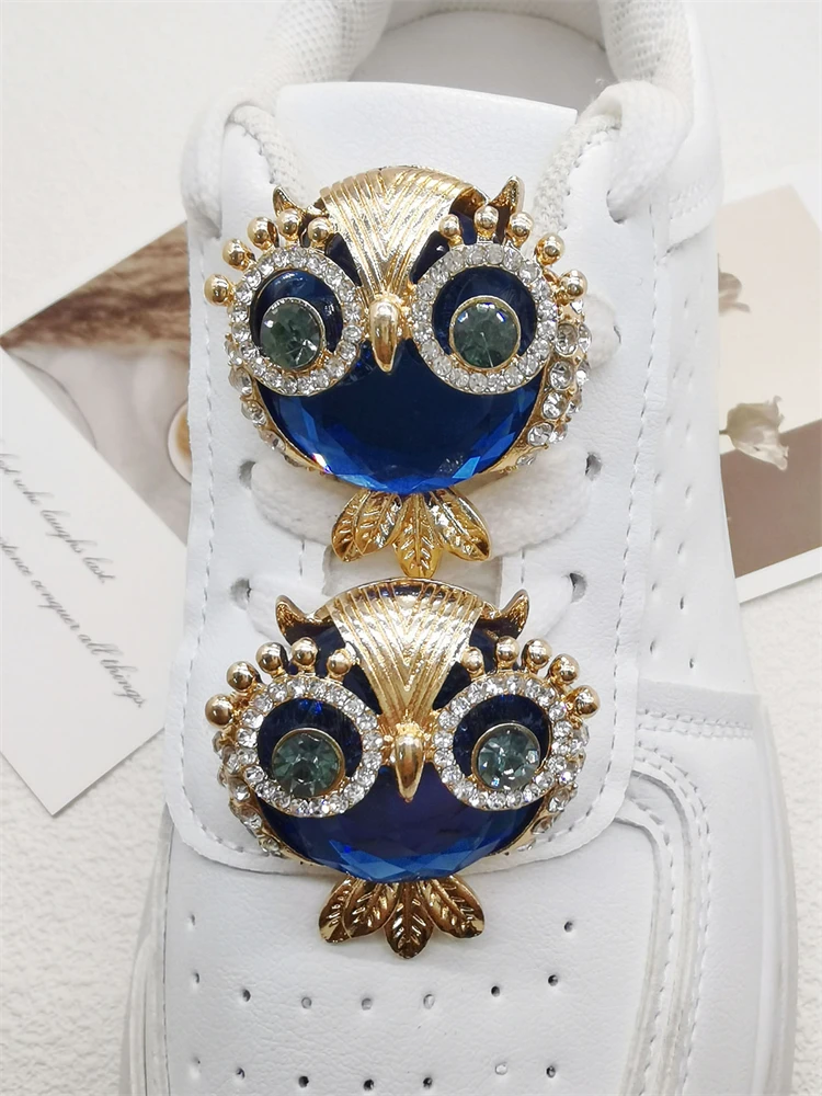 1PC Luxury Rhinestone Gold Blue Owl Shoe Charms For Laces Punk Jewelry Buckle Accessories Shoe Clips Shoe Lace Diy Decorations