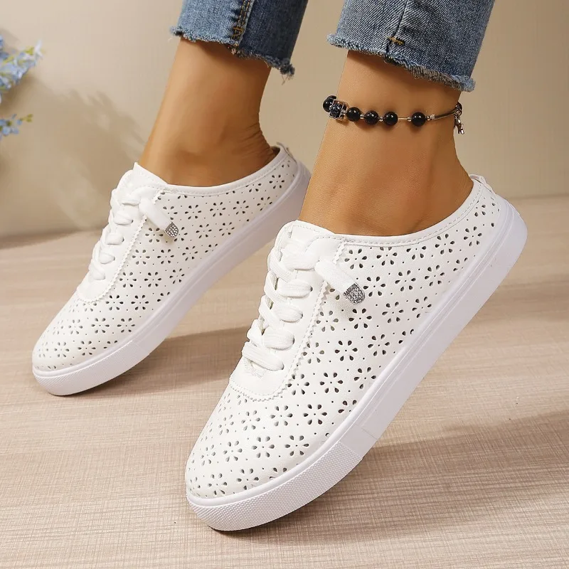Floral Cutout Slip on Mule Trainers Elastic Quick Laces Flat White Ladies Summer Street Non Slip Casual Shoes - view 3