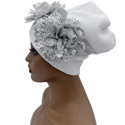 2023 paillettes fiori Turbante Cap per le donne African Female Headwrap Lady foulard Bonnet Turbante Mujer copricapo da festa