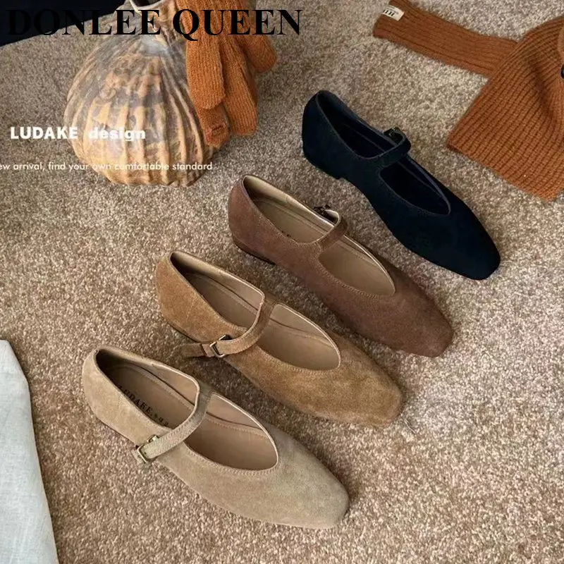 2024 Autumn Brown Women Flats Shoes Fashion Square Toe Ladies Ballerinas Shoes Soft Loafers Outdoor Casual Mary Jane Shoes Mujer