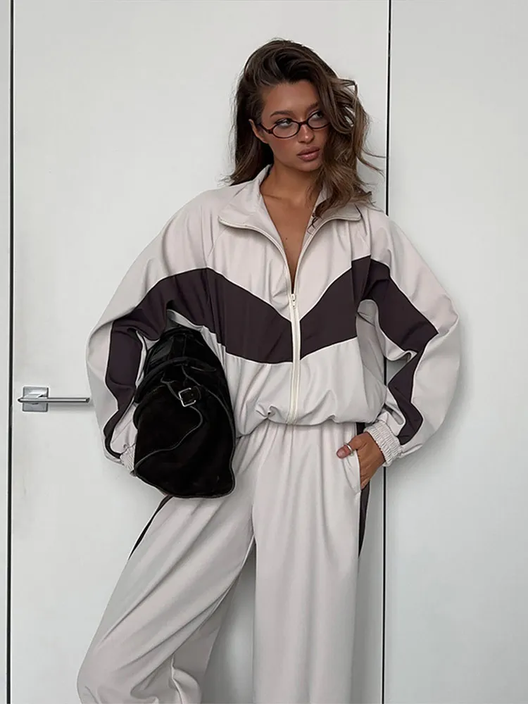 Getäfeltes, langärmliges, übergroßes Oberteil, Hosen-Sets für Damen, Streetwear, Laternenärmel, Reißverschluss, lockerer Mantel, Hose mit weitem Bein, modische Sportbekleidung – Detail 33