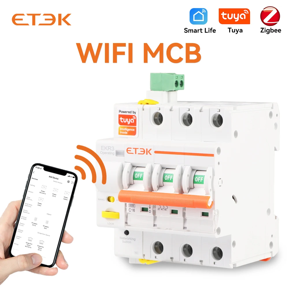 ETEK Tuya WIFI Smart Circuit Breaker MCB Smart Life Remote Control Short Circuit Protection Timed 2P 16A 25A 32A 40A 63A EKR3