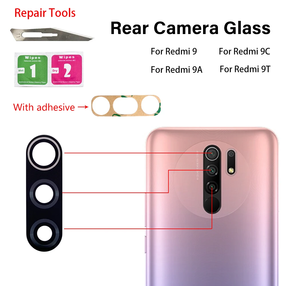 10Pcs Rear Back Camera Glass Lens Cover For Xiaomi Redmi 7 7A 8 8A 9 9A 9C 10 10A 10C 12C Main Camera Lens Glass Cover +Adhesive