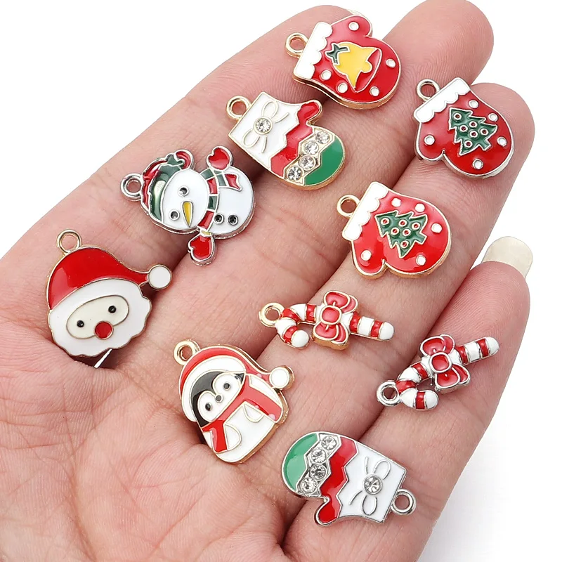 10 Pcs/Lot Christmas Pendants Cane/Gloves/Snowman/Penguin/Santa Claus Shape Charming Jewelry Finding DIY Making Necklace