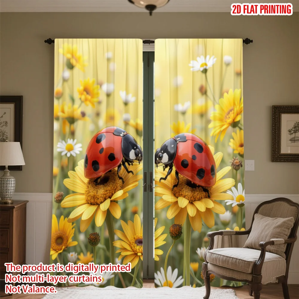 

2D flat printing 2pcs Window Curtains Ladybugs on Daisies Digital Printed Polyester Drapes Holiday Decorations for Indoor