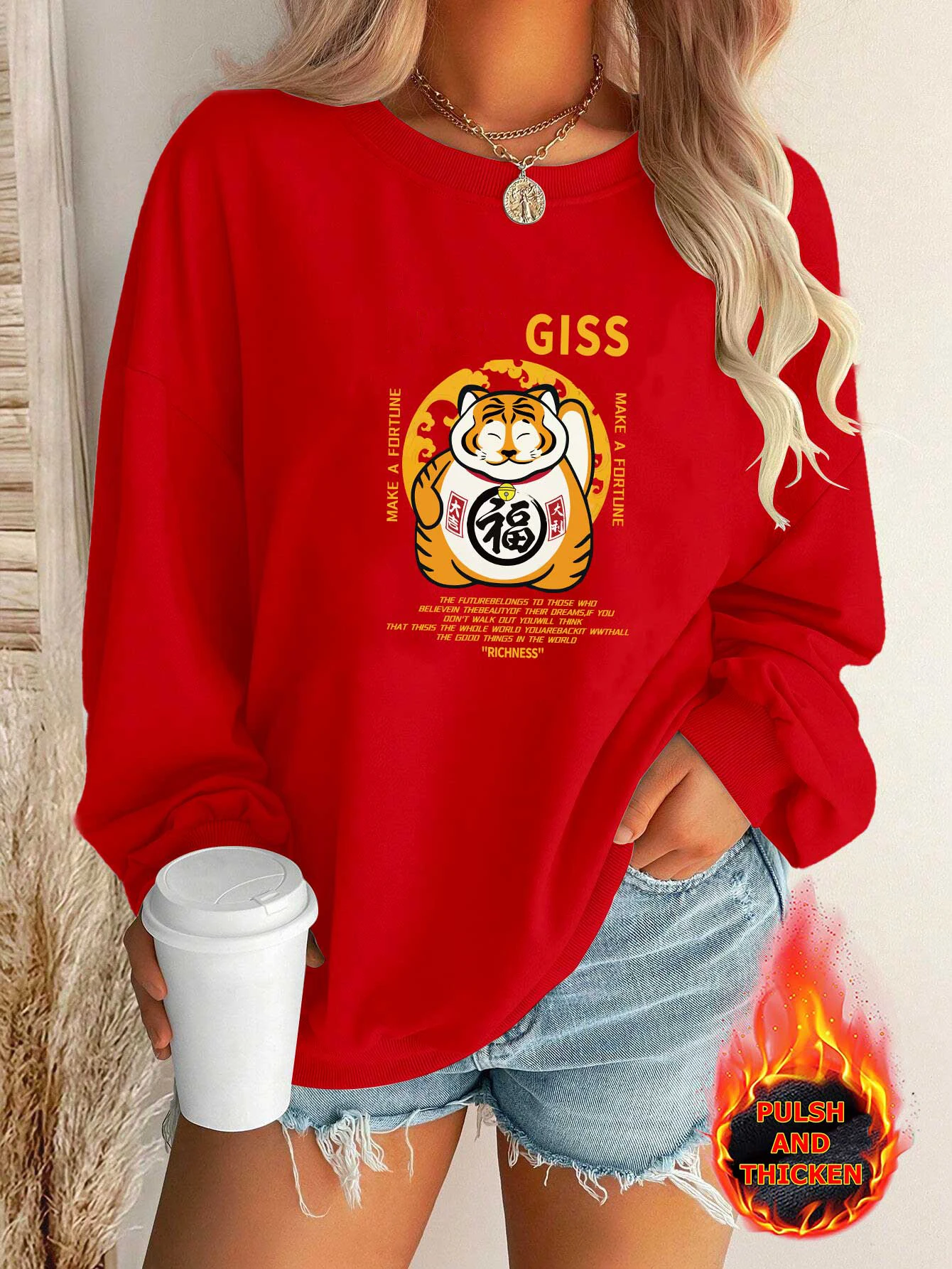 

2024 Women Cotton Hoodies Men One Piece Sweatshirt Lucky Tiger Printed Casual Crew Neck Pullover Winter CLOTHING