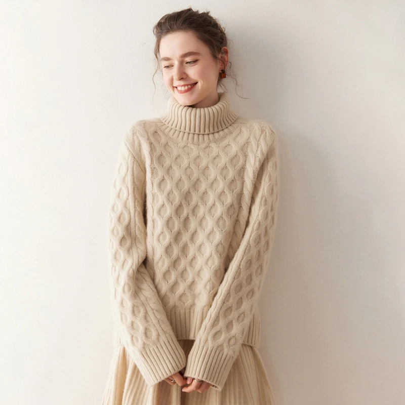 

MEELEX Elegant Women 100% Cashmere Sweater Turtleneck Loose Pullover Tops New Comfy Autumn Winter Thick Warm Knitted Blouse