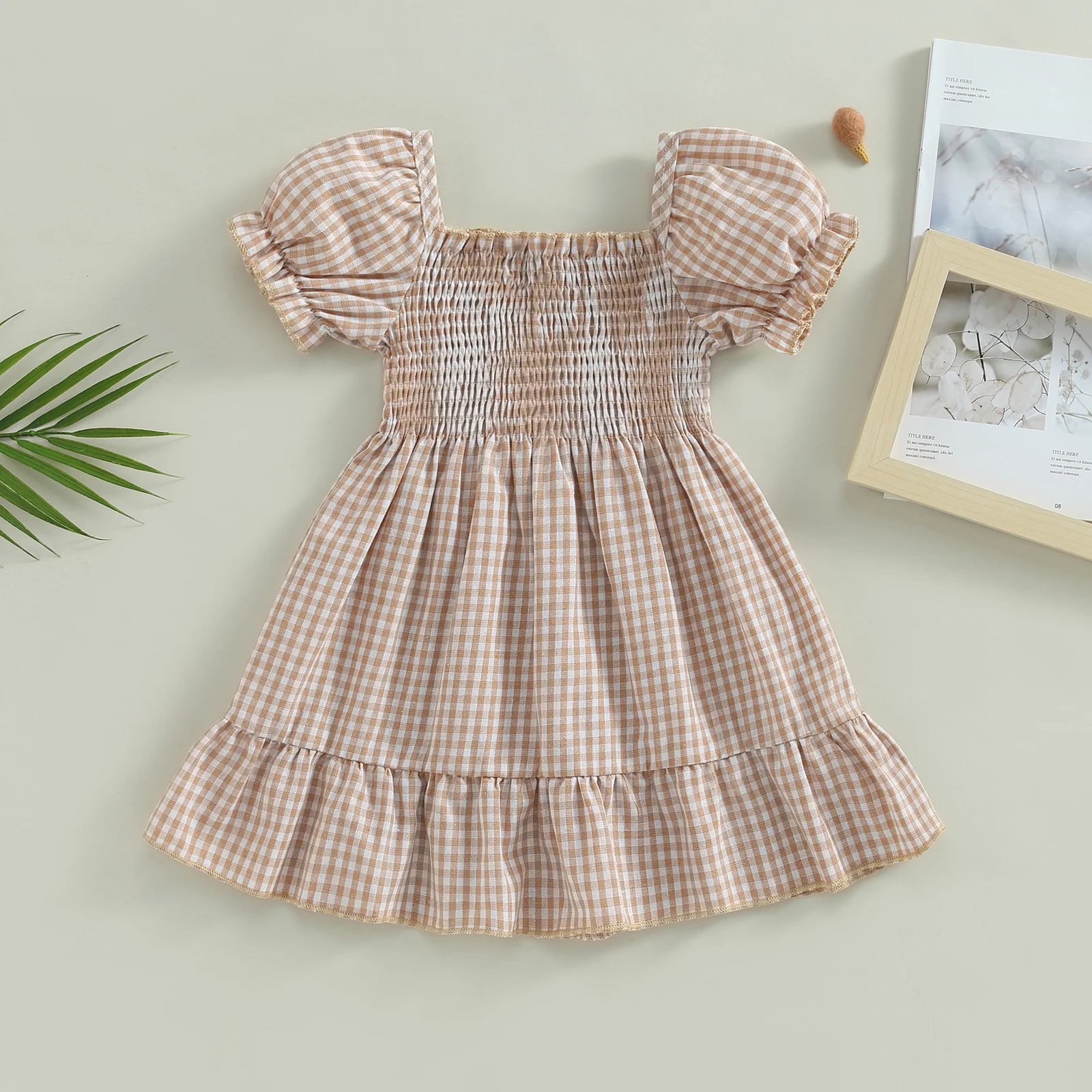 Summer Toddler Baby Girls Casual Dress Toddler Girls Short Puff Sleeve A-line Plaid Dress Princess Girls Sundress Clothes