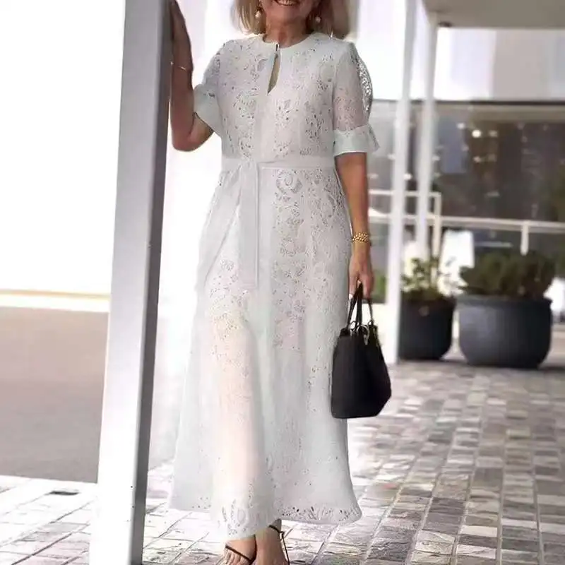エレガントな透かし彫りのレースのイブニングドレス,ネクタイ付き,女性用,ラウンドネック,ボタン,無地,ロング,休暇用,2025