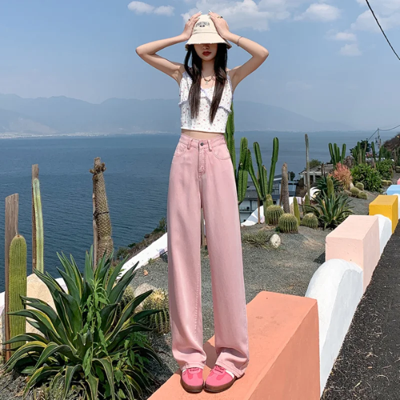 New Y2K Fashionable and Comfortable Girl Pink Thin Cowboy Pants Women's Cotton High Waist Slim Wide Leg Pants Sweet and Fresh