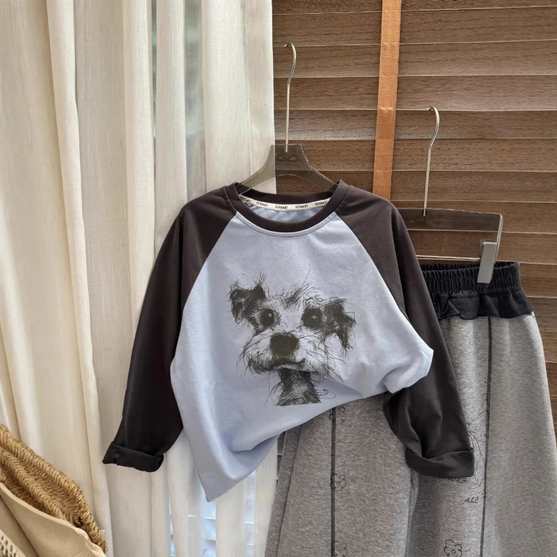 

2025 Autumn Winter New Children's Clothing Medium and Large Girls Long Sleeve Line Puppy Print Loose Girls Long Sleeve Top Set