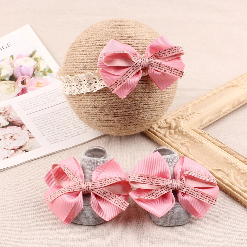 

Набор детских носков и повязок на голову: нескользящие носочки-лодочки для младенцев, повязка на голову с бантом и кружевом, аксессуары для волос для детей, головной убор для новорожденных, реквизит для фотосессий