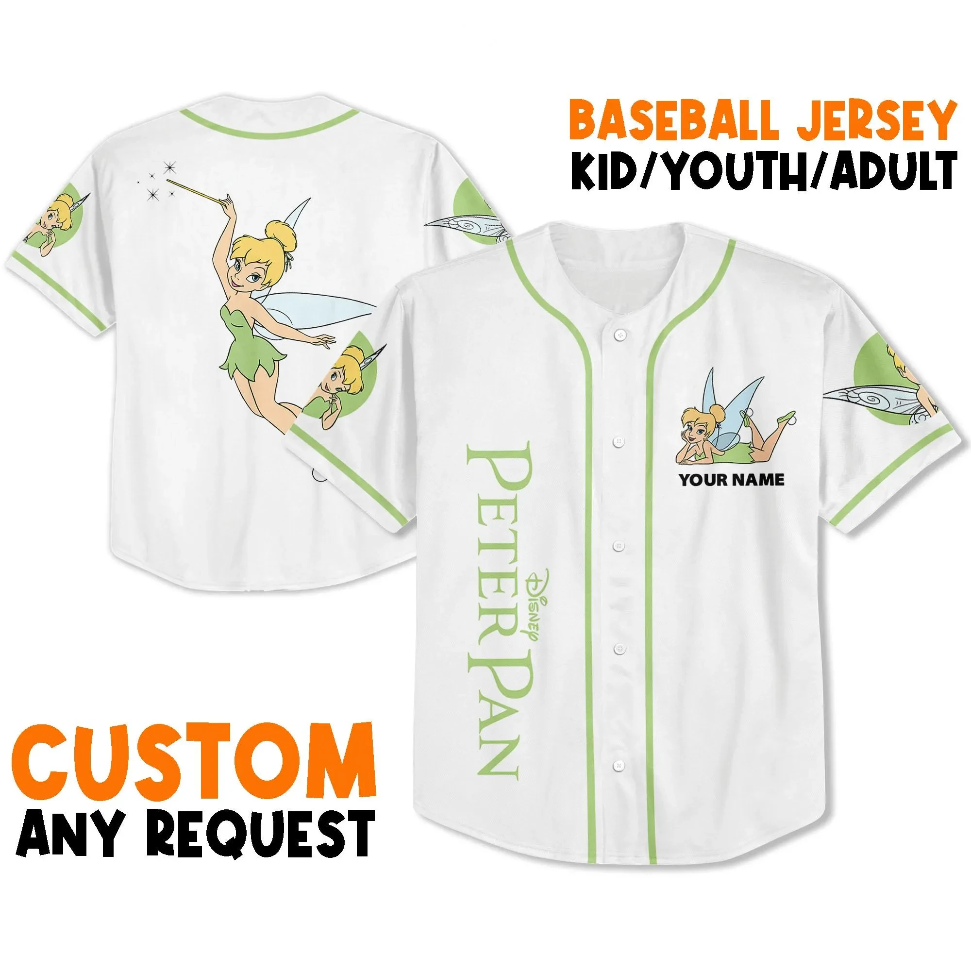 Potdemiel Custom Disney Tinker Bell 야구 유니폼 어린이 청소년 및 성인 유니폼 Princess Match Day 2025 유니폼