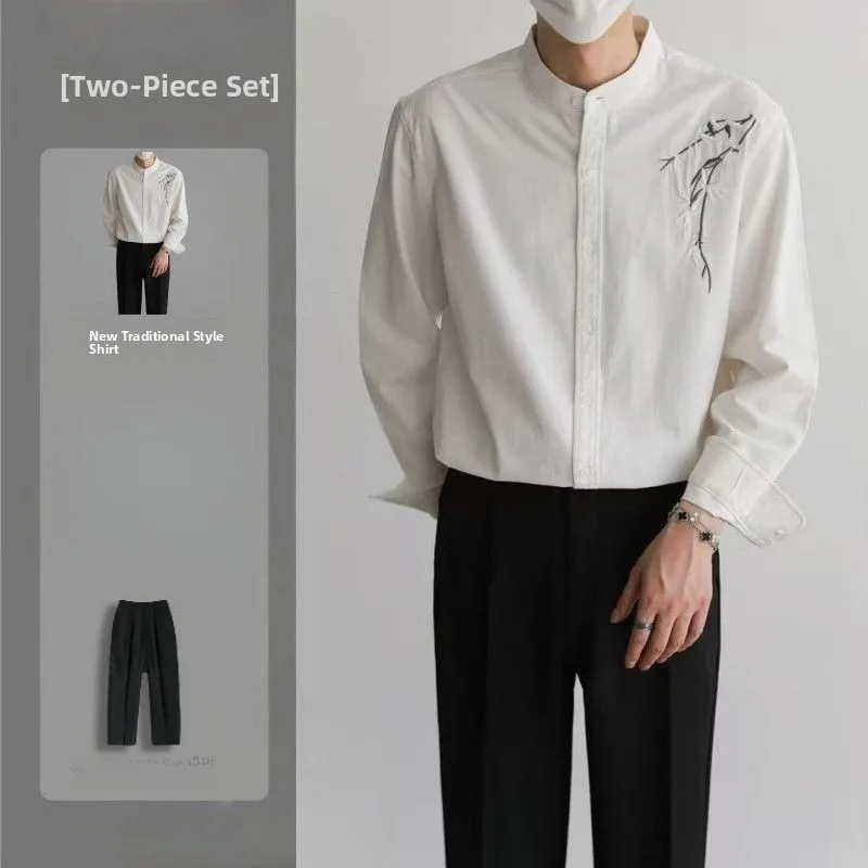 

New Chinese Style Men's Long Sleeve Shirt Trendy Embroidery Collar Spring Autumn Fashionable Polyester Blend Casual Shirt