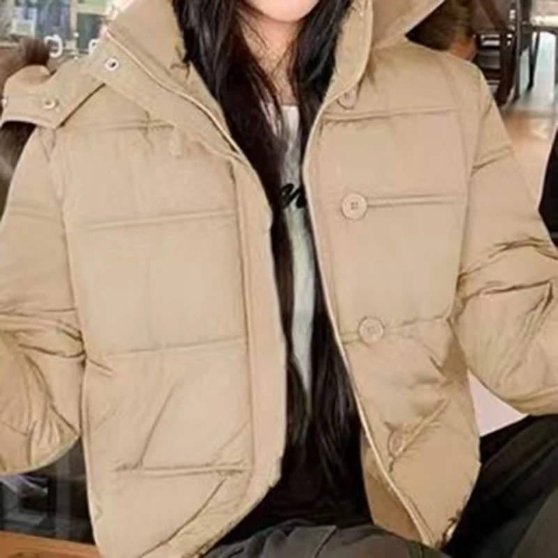 Women's Winter Warm Jacket Korean Thickened Big Fur Collar Hooded Outerwear Fashion Casual Detachable Short Cotton-Padded Coat