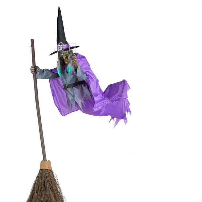 Halloween decoration garden broom witch hanging in the air