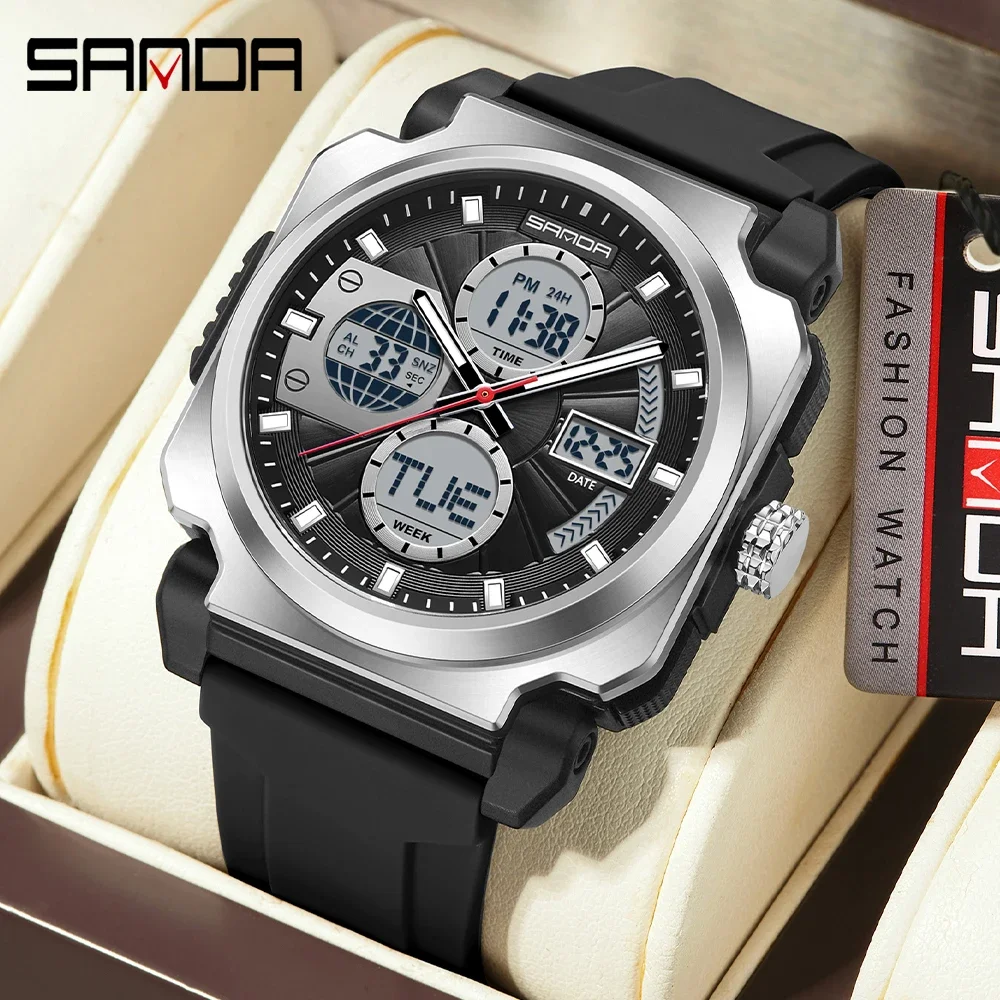 SANDA 3377 Luxury Dual Display Men's Electronic Watch Sports Multi-Functional Waterproof Night Light Men's Electronic Watch 2025