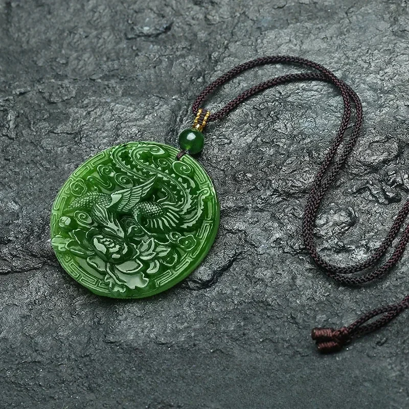 

Natural Green Hetian Jade Stone Dragon Phoenix Pendant Necklace Carved Chinese Jadeite Jewelry Charm Reiki Amulet Gift Women Men