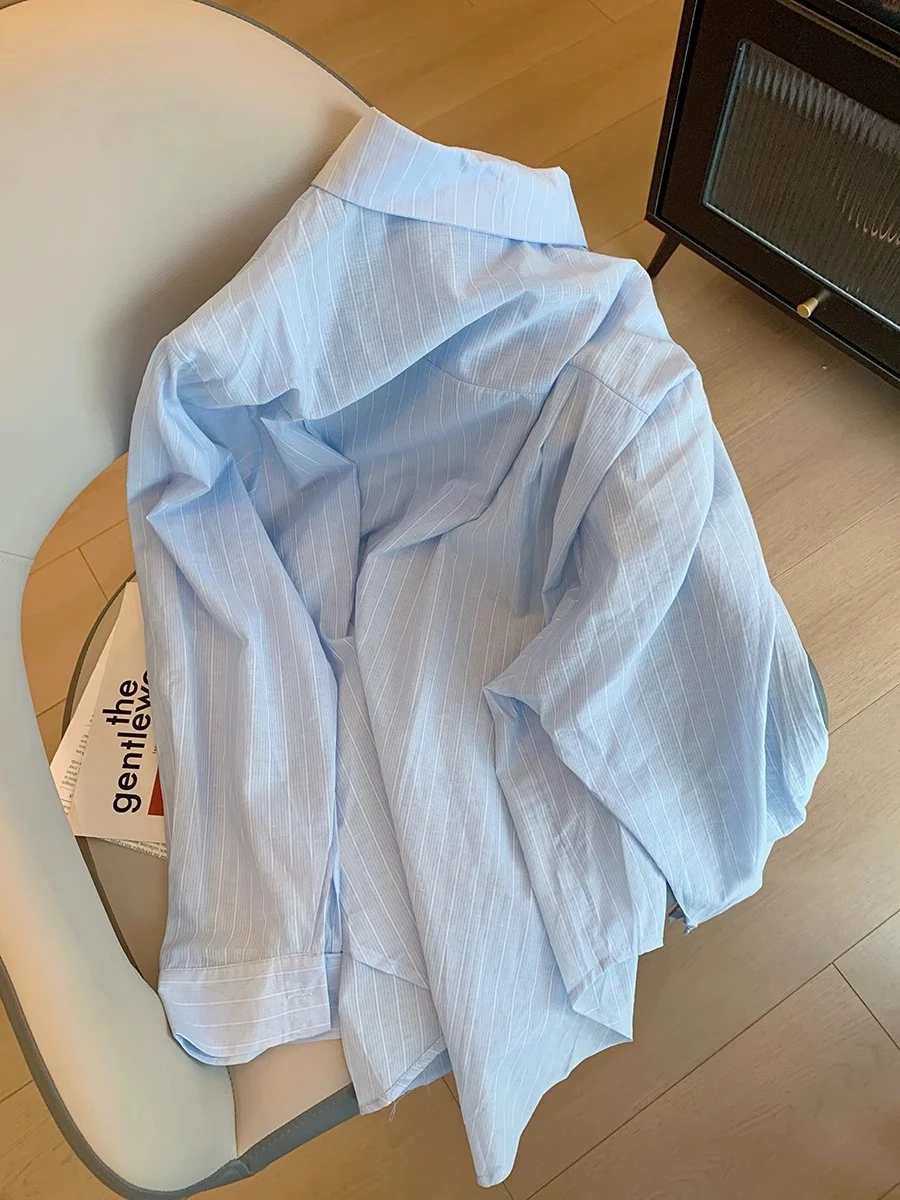 Koreaanse Sle Los Blauw Gestreept Casual irt ex Lente Herfst Uniek Ontwerp Ele Vrije tijd Veelzijdige Bovenkleding Trendy