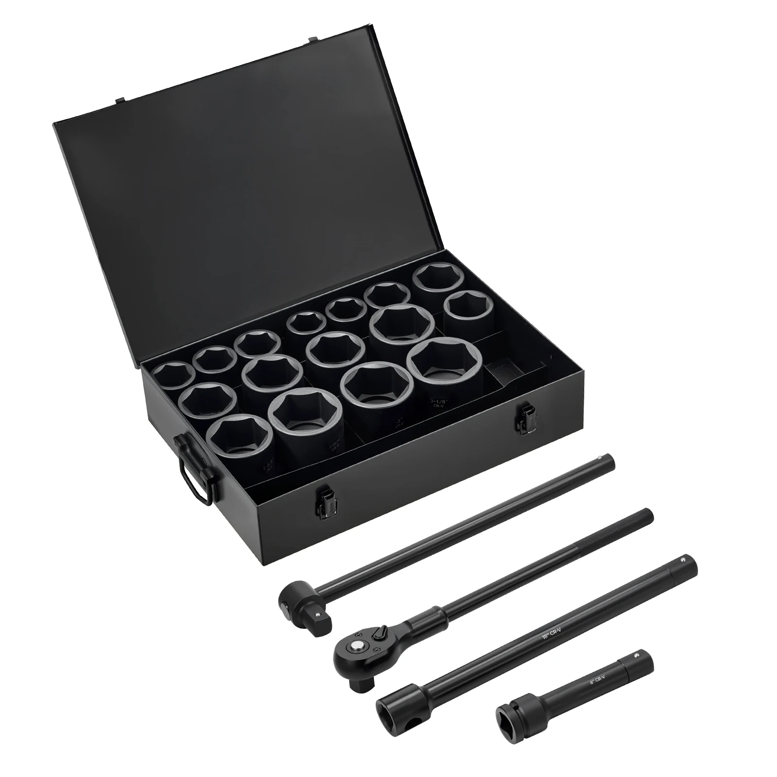 SucceBuy Drive Impact Socket Set 6 Point Shallow Impact Sockets with Extension Bars Cr-V Steel Size Marking and Carrying Case