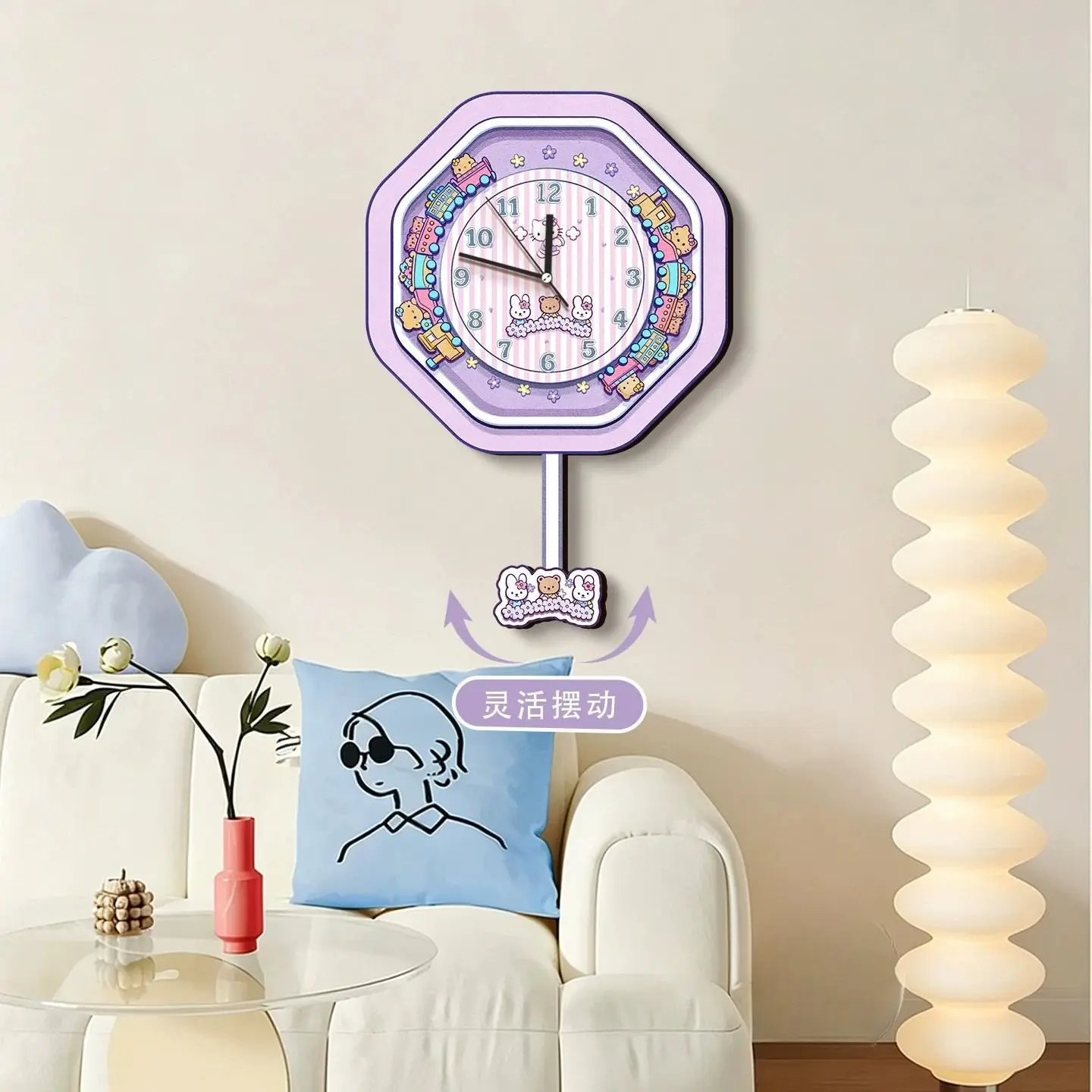 Kawaii Sanrio Sweet Dream Train Pendulum Wall Clock Hello Kitty My Melody Silent Non-Ticking Clock Girls Bedroom Home Decor Gift view 5