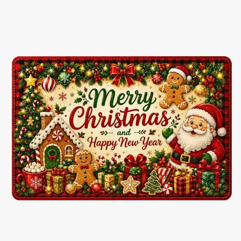 VIKAMA Vintage Red Christmas Doormat Pine Branch Holly Berry Golden Star Bauble Pattern Non Slip Home Entrance Decor Rug