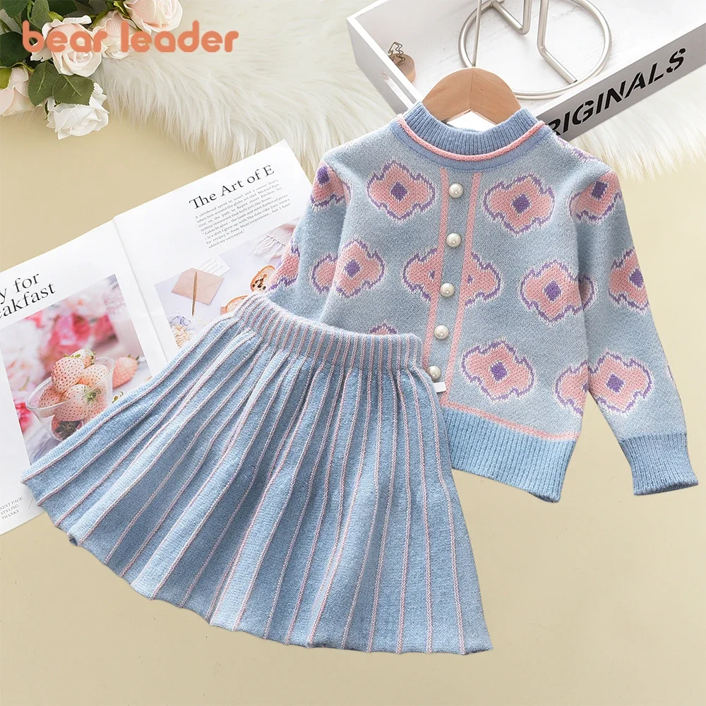 Bear Leader Girls Baby 2023 Fashion Winter Knitted Clothes Sets Cartoon Sweaters Tops Ruffles Skirt Outfits Children Clothes