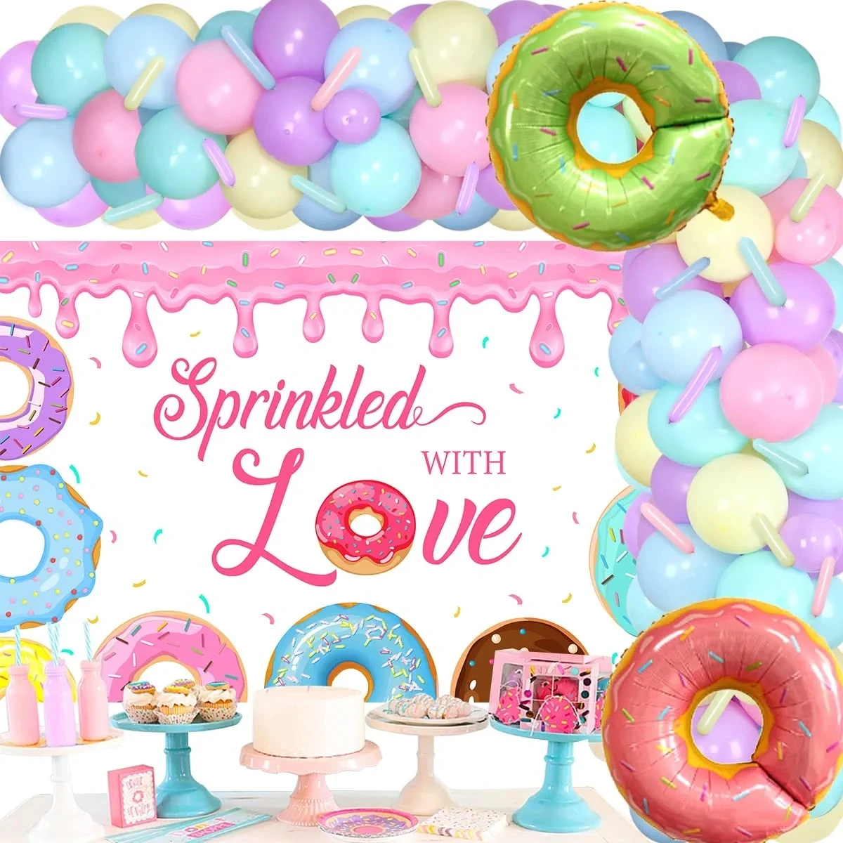 

Sursurprise-Sprinkled with Love Donut, Pastel Balloon, Garland Kit with Backdrop, Baby Shower Decorations for Girl, Party Suppli