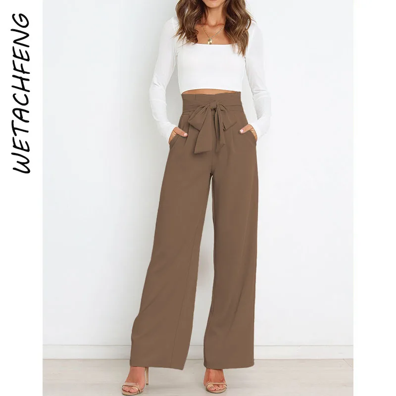 

Straight Suit Trousers High Waist Sashes Wide Leg Pants Solid Elegant Chic 2022 Fashion Summer Office Lady Pants Outwear Clothes