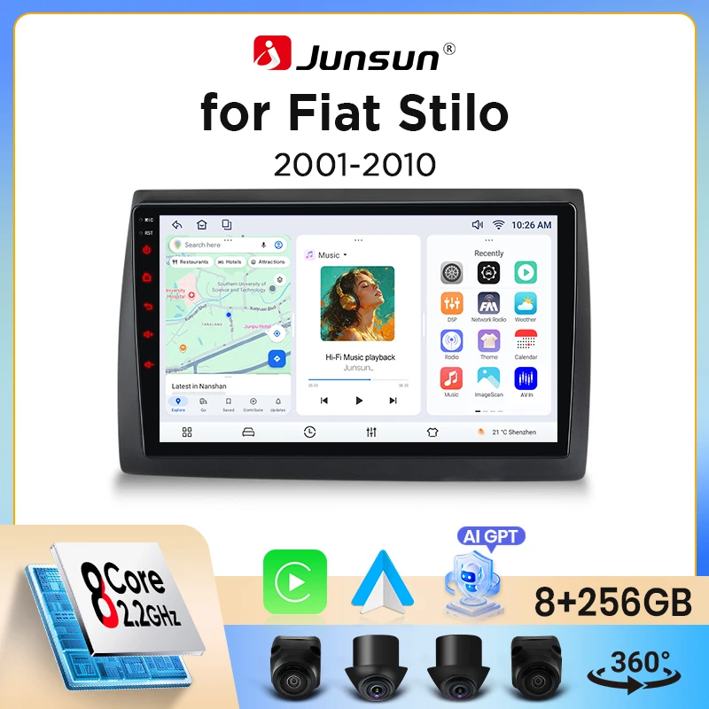Autoradio sans fil Junsun CarPlay Android Auto pour Fiat Stilo (192) 2001-2007, ventilateur de refroidissement intégré, navigation GPS Android, lecteur multimédia, WiFi, DSP, RDS, BT, SWC, écran tactile IPS, autoradio, lecteur vidéo, unité principale, stéréo