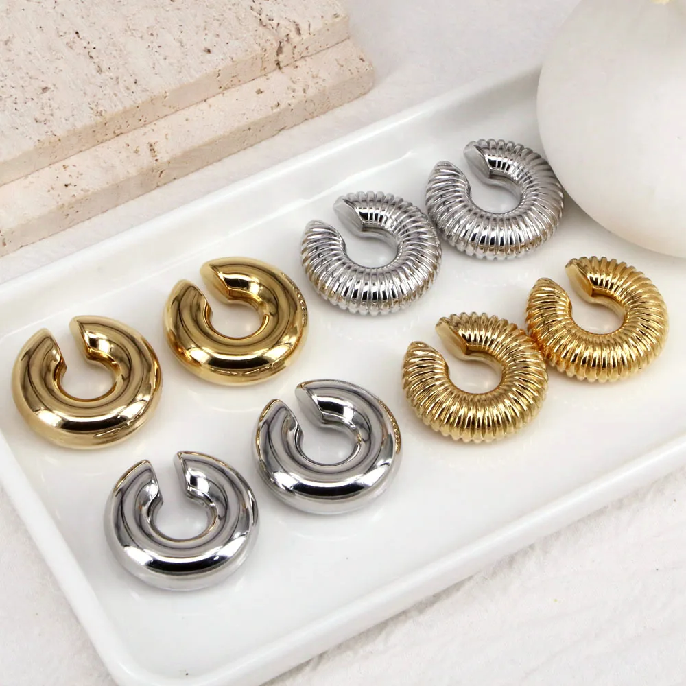 6 Pairs, Non-adjustab Stylish Stainless Steel Trend Chunky Clip-on Earrings Statement Waterproof Cuff Non Pierced Cartilage Jewe