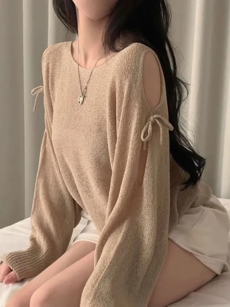 Korean Style Hollow out Shoulder  Knot Sexy Long Sleeve Thin Cover up Top Women Winter Loose Anti Aging Slightly See...