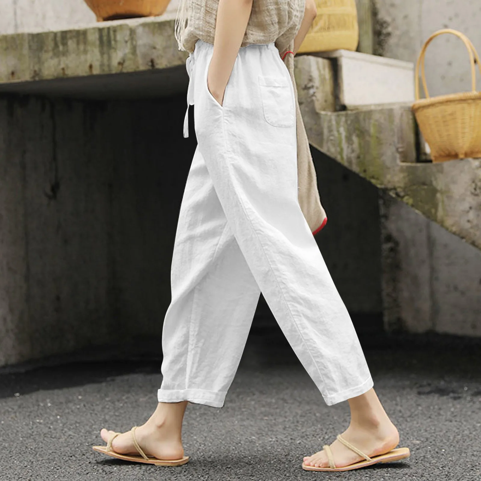 Summer Casual Trousers Women Cotton Linen Solid Color Pockets Drawstring Long Pants Ladies Simple Street Elastic Waist Pants